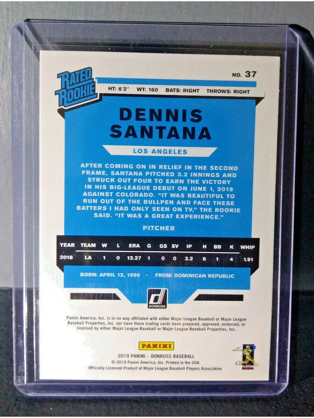 2019 Dennis Santana Panini Donruss Rated Rookie Pink #37 Baseball Card
